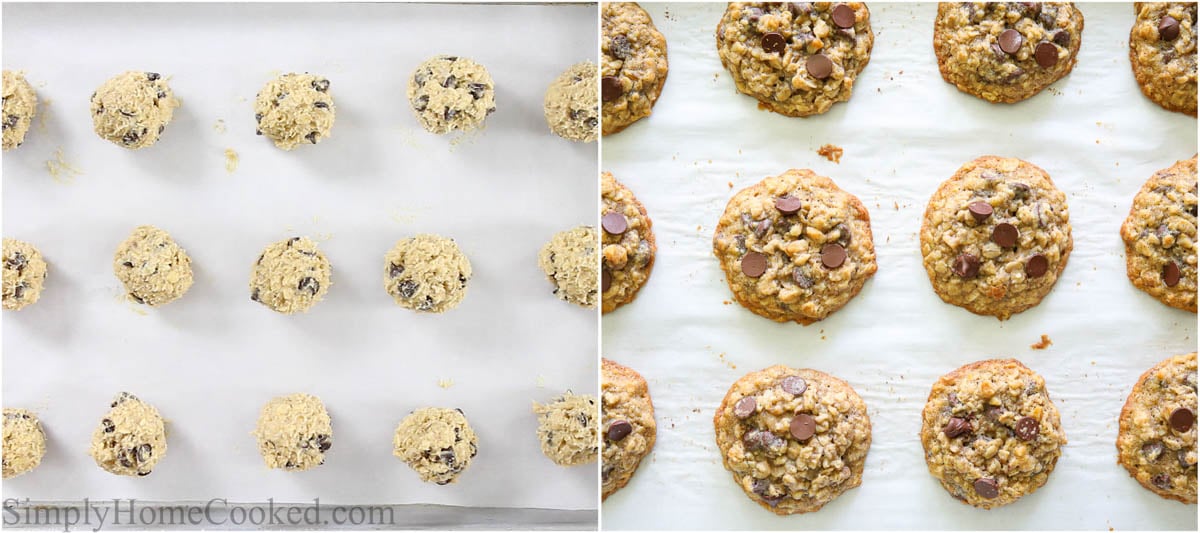 Steps to make Oatmeal Chocolate Chip Cookies, scooping out the dough and baking the cookies.