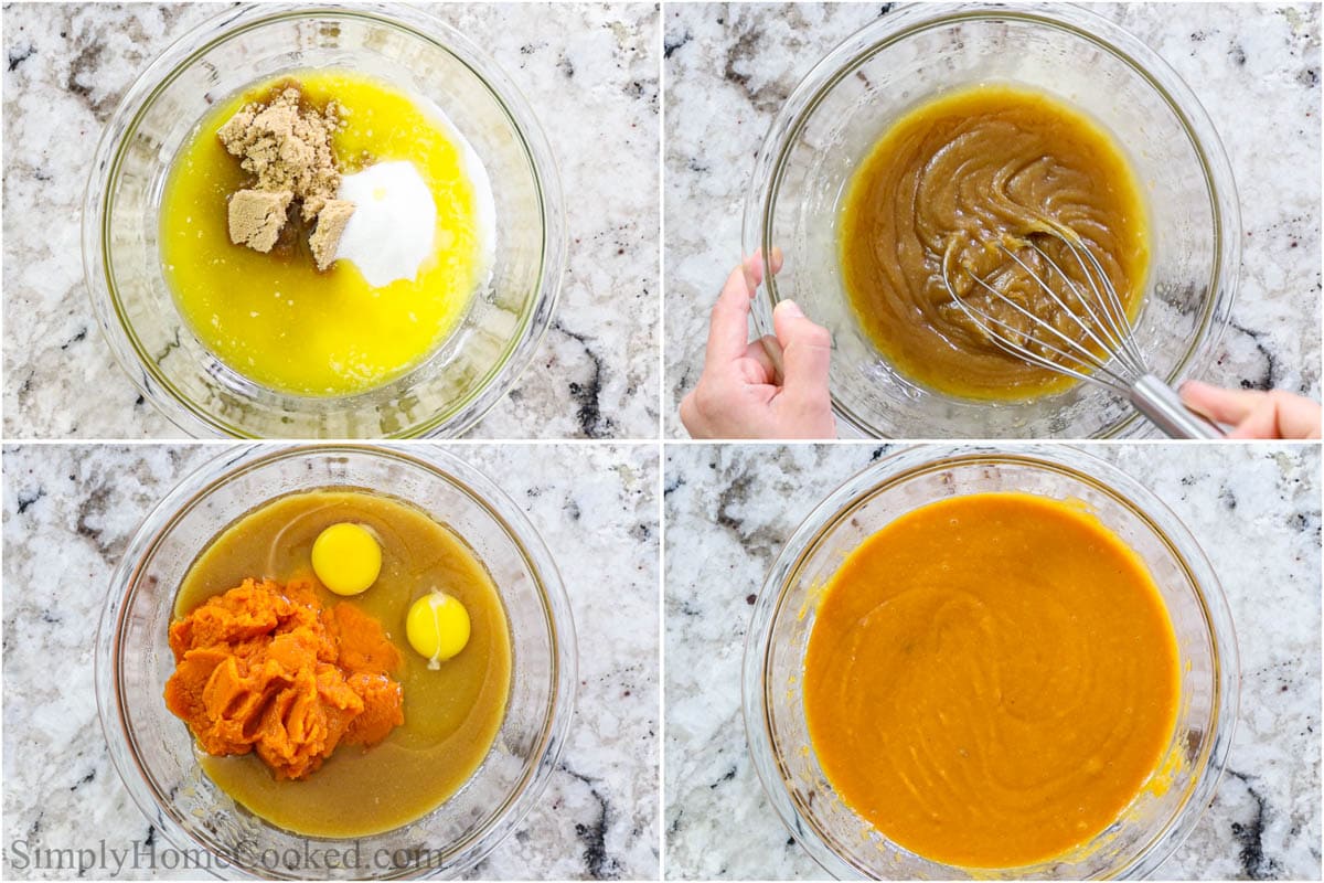 Steps to make Pumpkin Bread, including mixing the wet ingredients together.