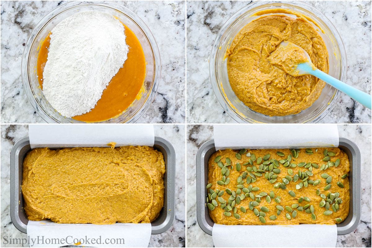 Steps to make Pumpkin Bread, including combining the wet and dry ingredients, then baking the loaf in a pan with pumpkin seeds on top.