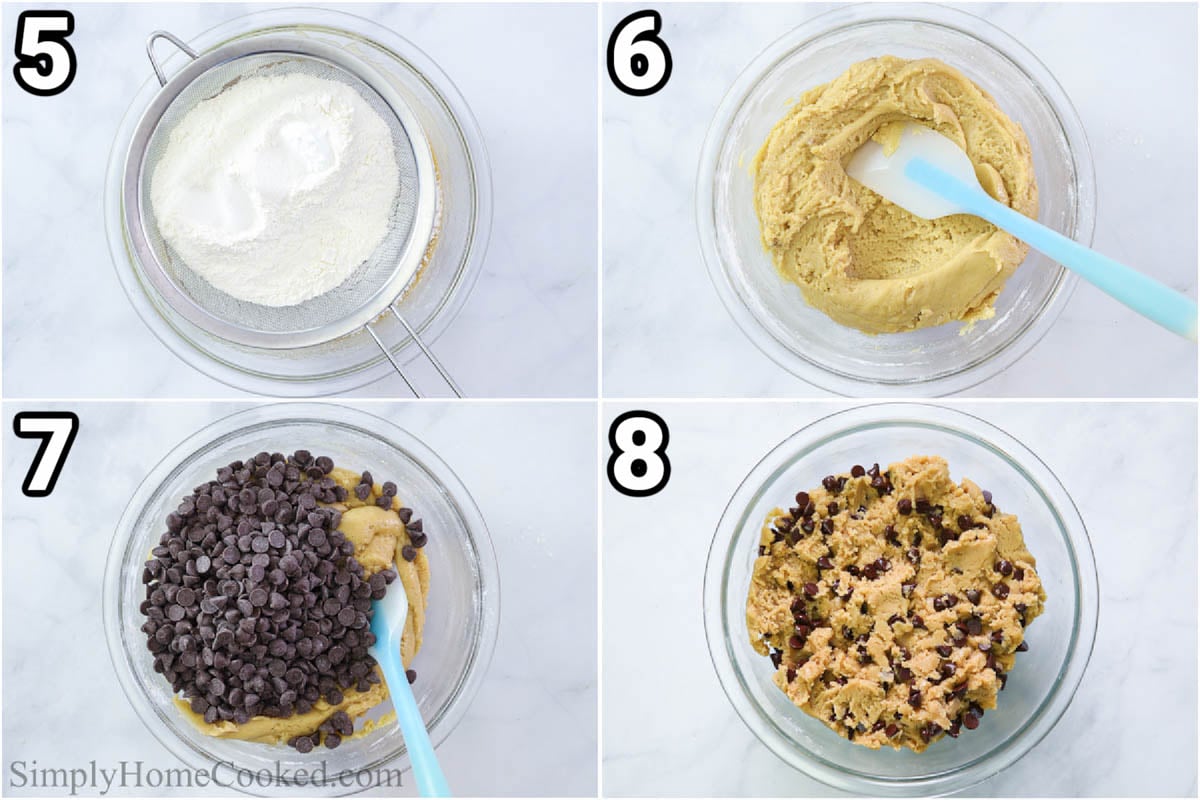 Steps to make Chewy Chocolate Chip Cookies, including sifting in the dry ingredients and then adding the chocolate chips.