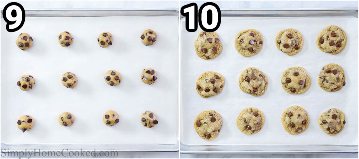 Steps to make Chewy Chocolate Chip Cookies, including scooping the dough and baking it.
