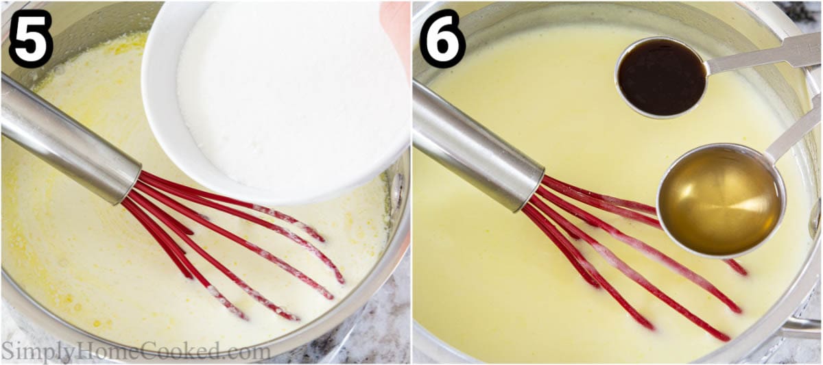 Steps to make Bread Pudding Sauce, including adding the cream and whisking while cooking, then adding the vanilla and rum.