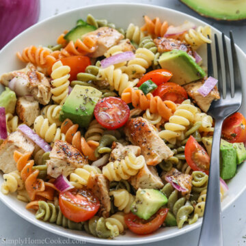 Chicken Pasta Salad in a bowl with a fork.