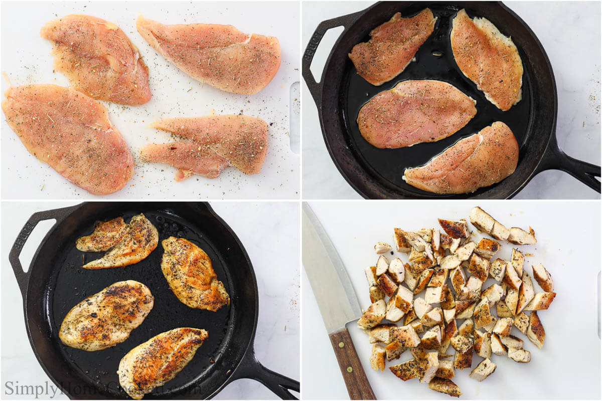 Steps to make Chicken Pasta Salad, including cutting the chicken breasts into cutlets, cooking them on both sides after seasoning, and then chopping them up.