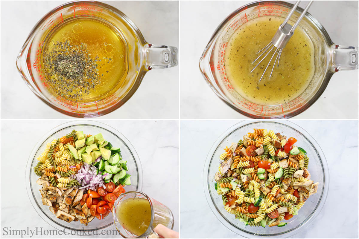 Steps to make Chicken Pasta Salad, including making the dressing by whisking the ingredients together in a measuring cup and then dressing the salad of chicken, pasta, and veggies.