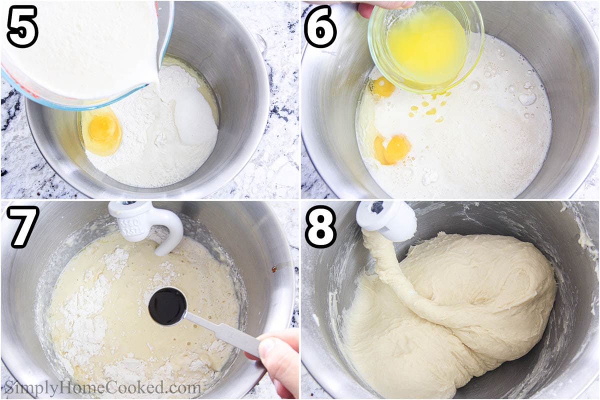 Steps to make the Best Homemade Cinnamon Rolls, including adding the dough ingredients and mixing with a hook attachment.