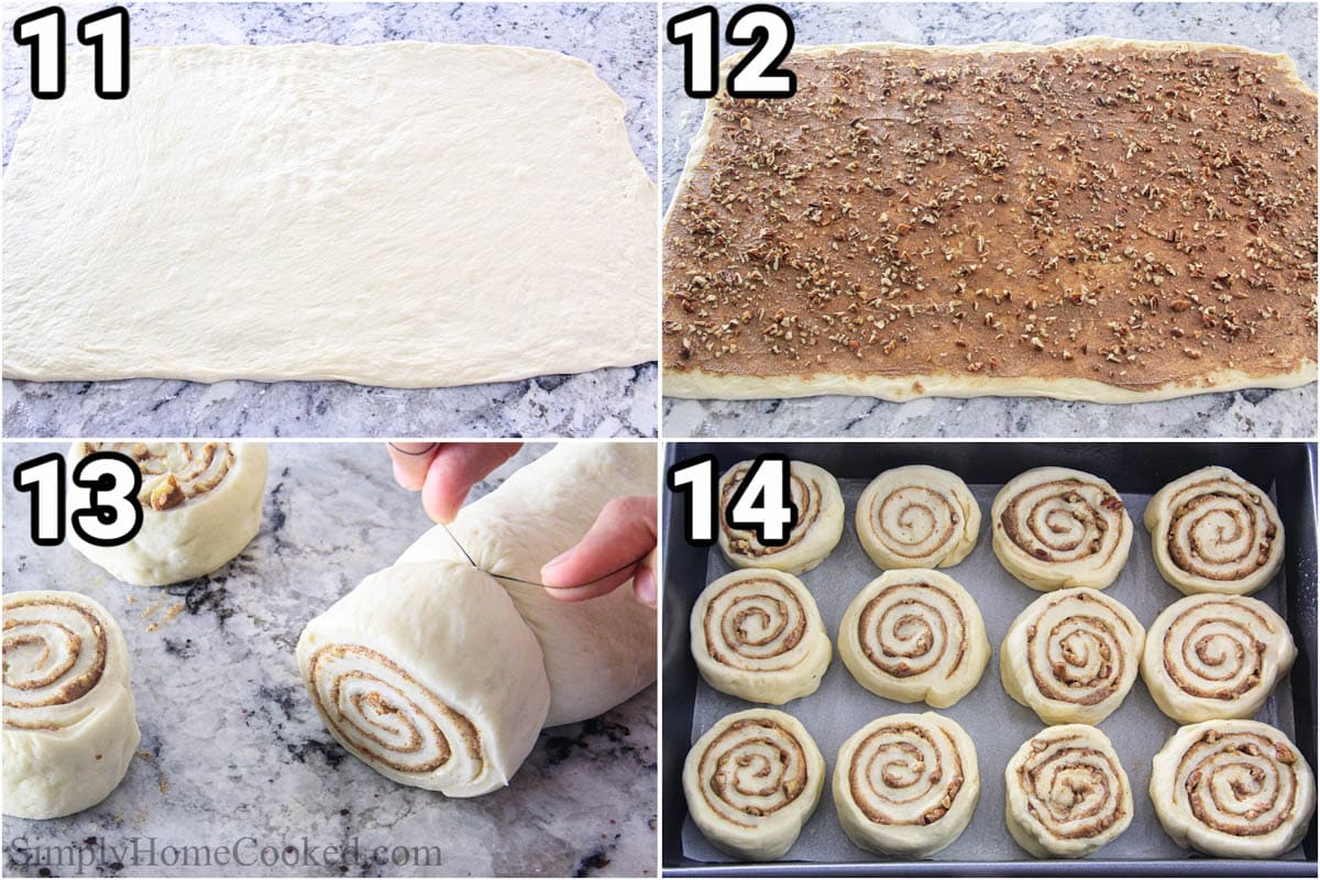 Steps to make the Best Homemade Cinnamon Rolls, including rolling out the dough, adding the filling and pecans, then rolling and cutting the rolls.