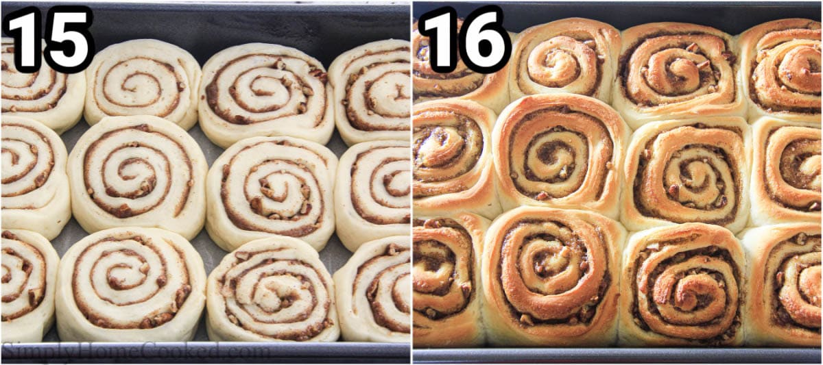 Steps to make the Best Homemade Cinnamon Rolls, including baking them to golden brown.