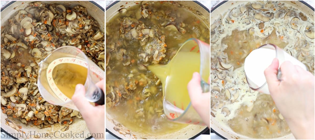 Steps to make Cream of Mushroom Soup, including adding the sherry, chicken broth, and cream.