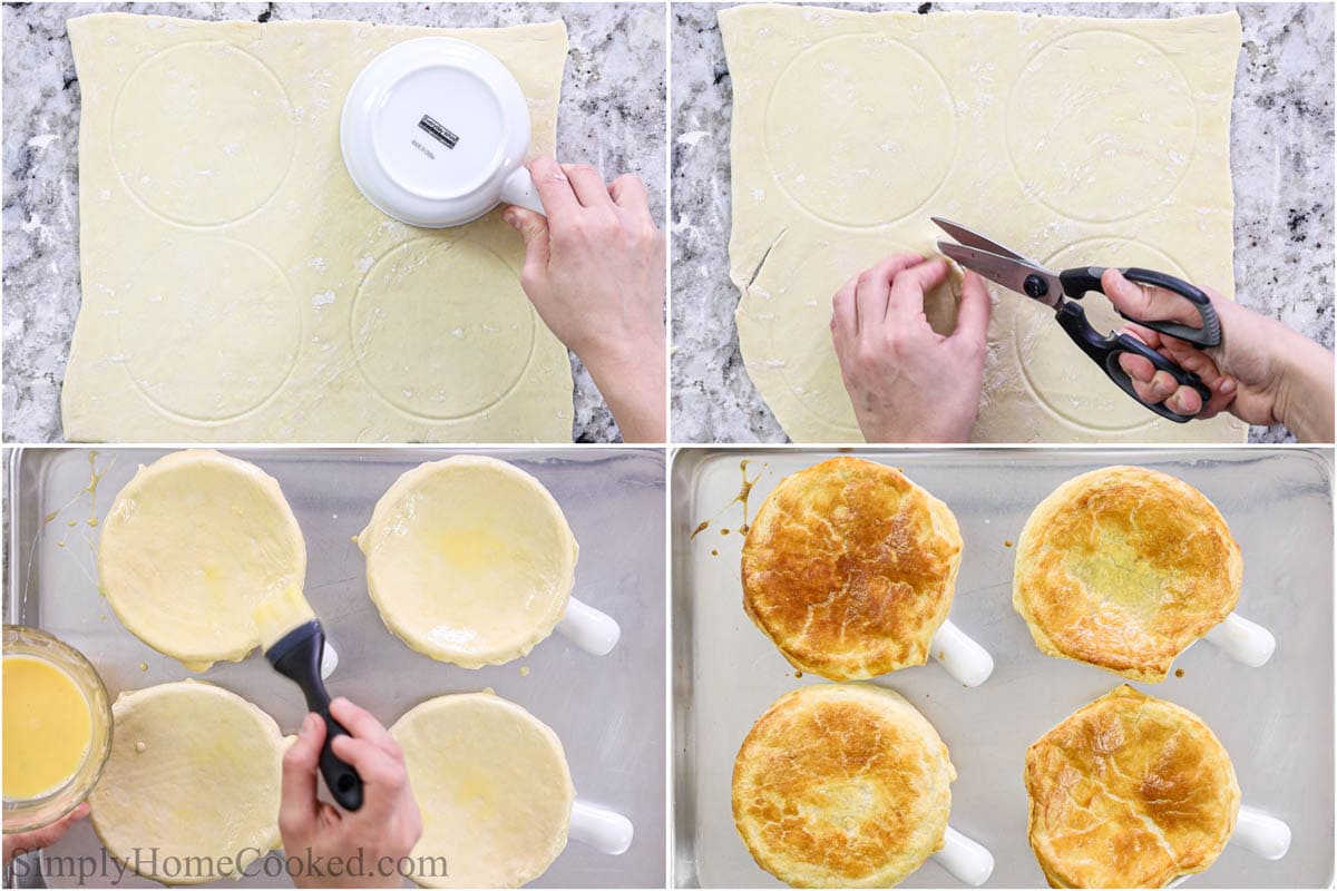 Steps to make Cream of Mushroom Soup, including measuring, cutting, and topping the soup with puff pastry, adding an egg wash, and then baking.