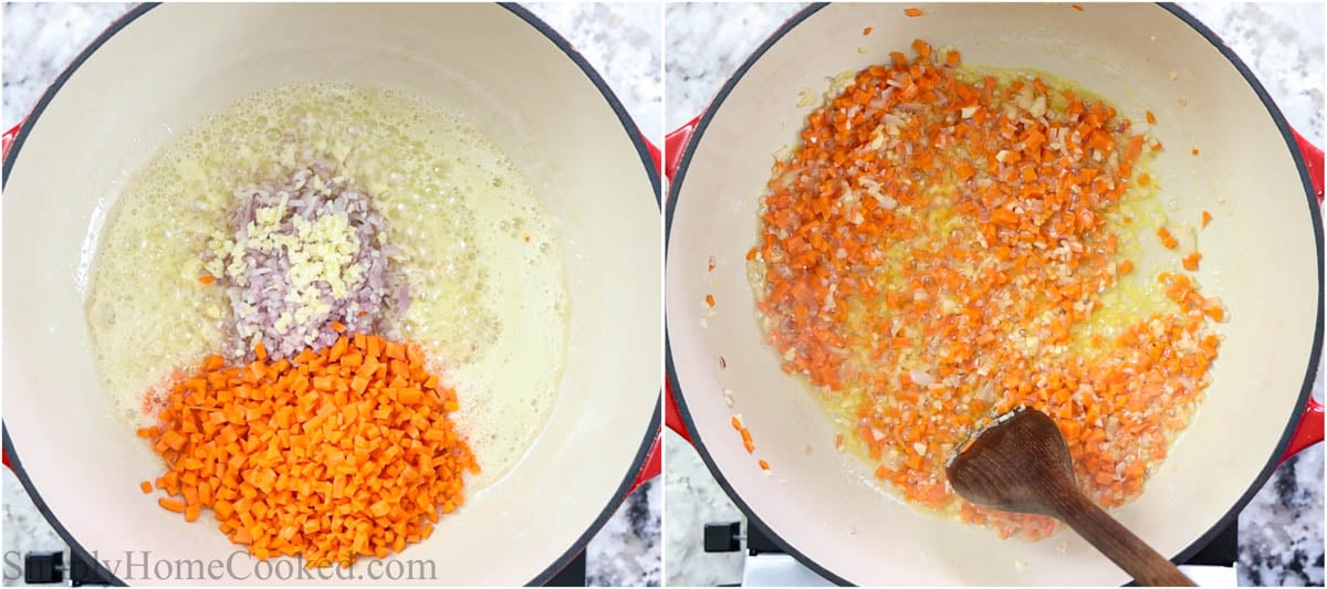 Steps to make Cream of Mushroom Soup, including sauteing the garlic, carrots, and shallots in butter in a pot.