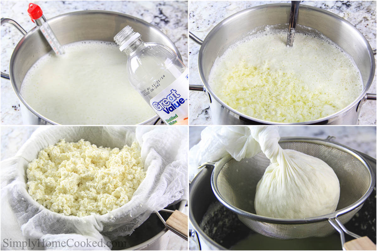 Steps to make Farmer's Cheese, including boiling the milk, adding the vinegar, then squeezing the cheesecloth to get the liquid out.
