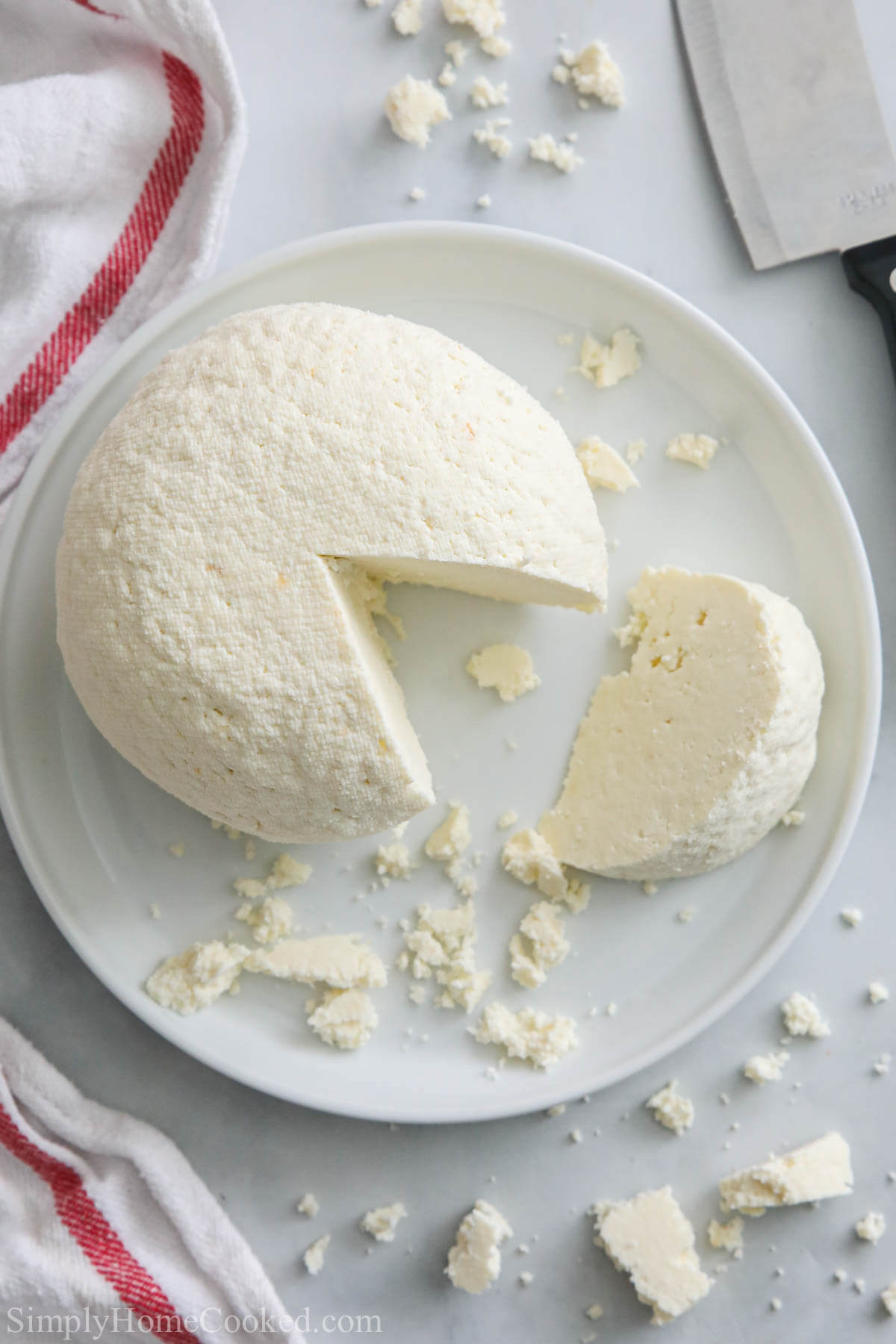 Vertical image of a plate of Farmer's Cheese molded with a slice cut out and crumbles nearby