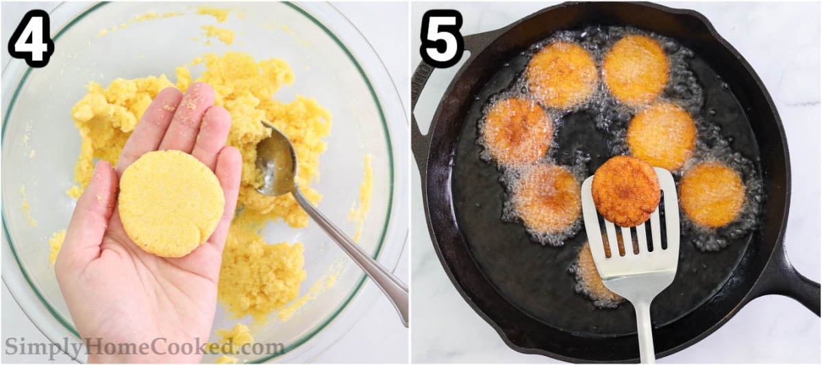 Steps to make Hot Water Cornbread, including forming the patties and frying them.