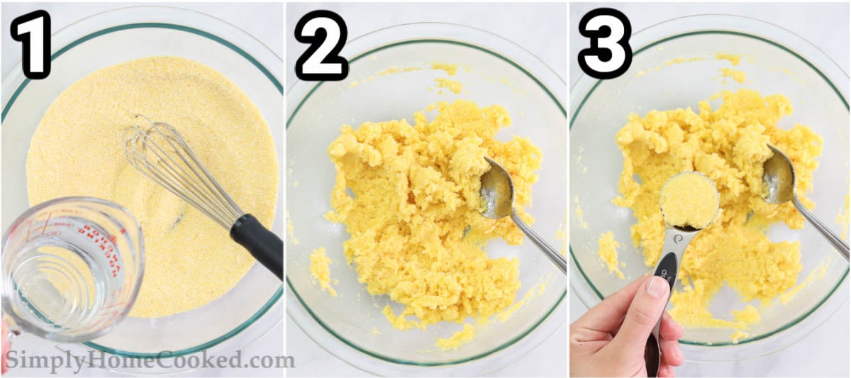 Steps to make Hot Water Cornbread, including mixing the dry ingredients, adding hot water, and mixing, then measuring out the amount for patties.