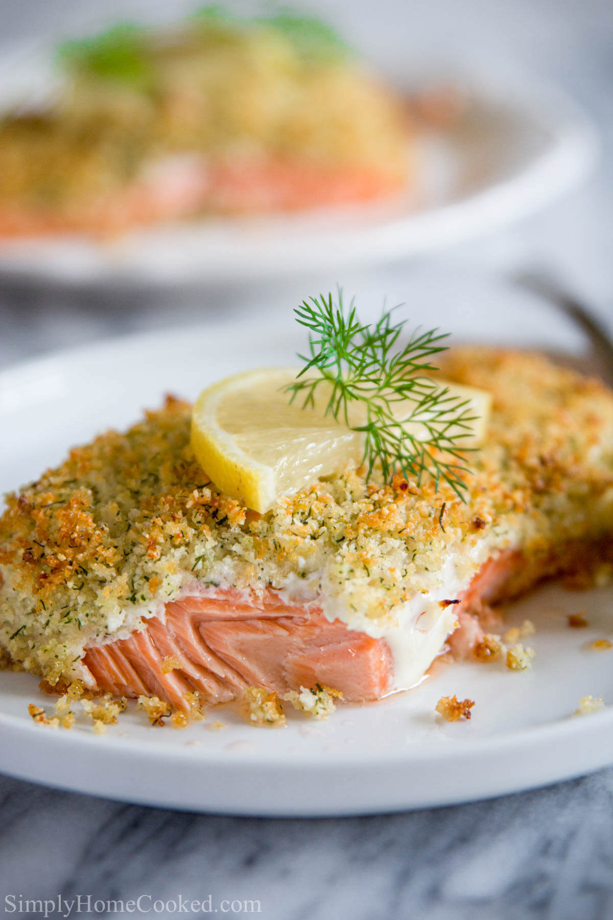 Vertical image of a plate of Panko Crusted Salmon topped with dill and lemon