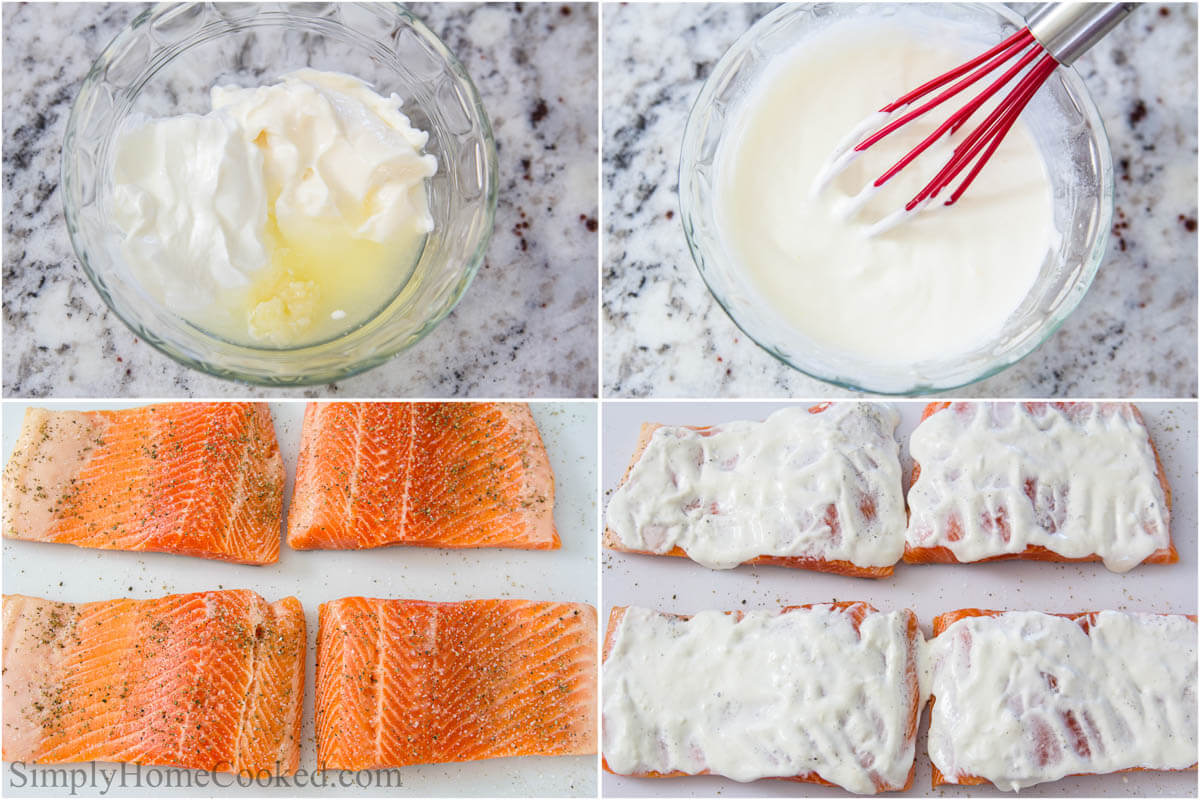 Steps to make Panko Crusted Salmon, including making the marinade, seasoning the salmon, and then spreading the marinade on the fillets.
