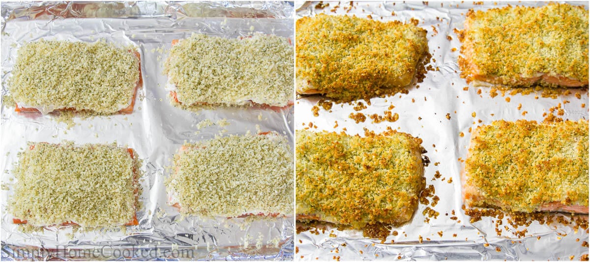 Steps to make Panko Crusted Salmon, including adding the breading and then baking.