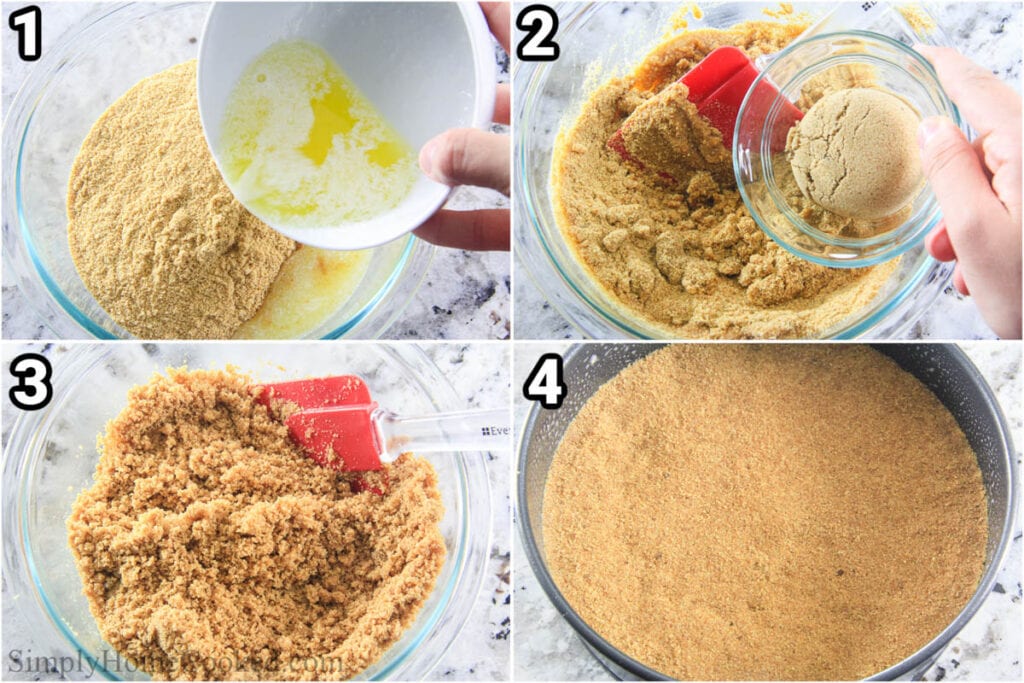 Steps to make Pumpkin Cheesecake, including mixing together the crust ingredients and then pressing them into a springform pan.