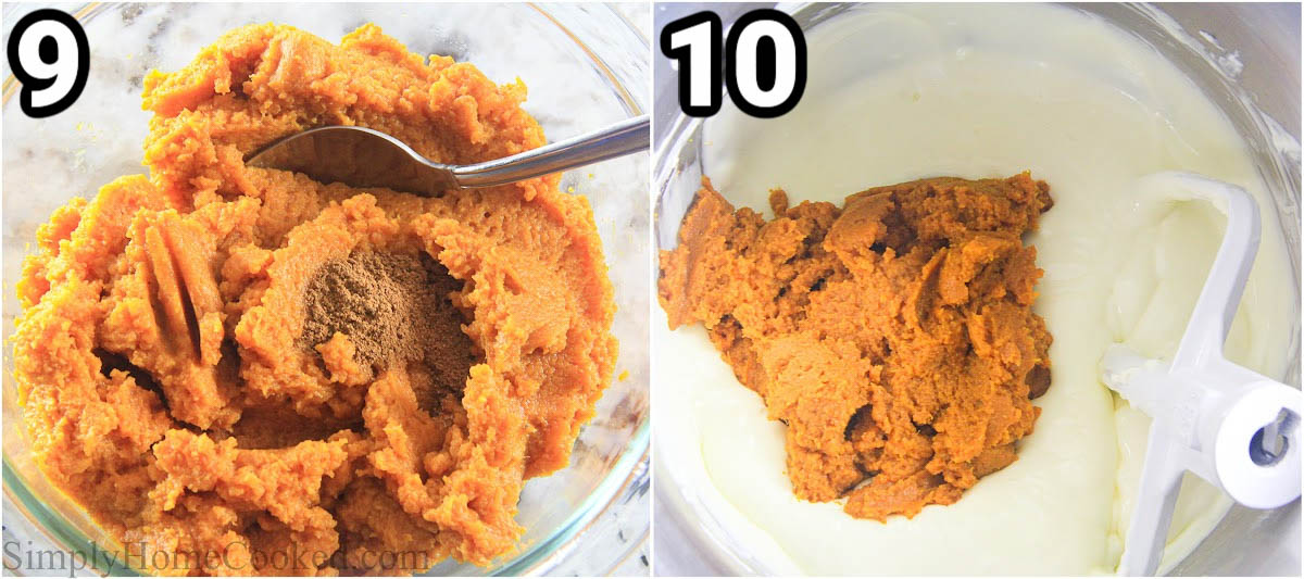 Steps to make Pumpkin Cheesecake, including combining the pumpkin puree with spices and mixing it into the cream cheese filling.