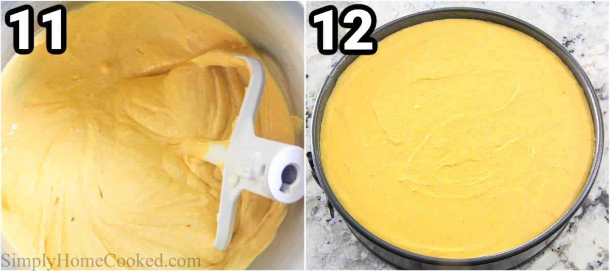 Steps to make Pumpkin Cheesecake, including mixing everything together and then baking it in a springform pan.