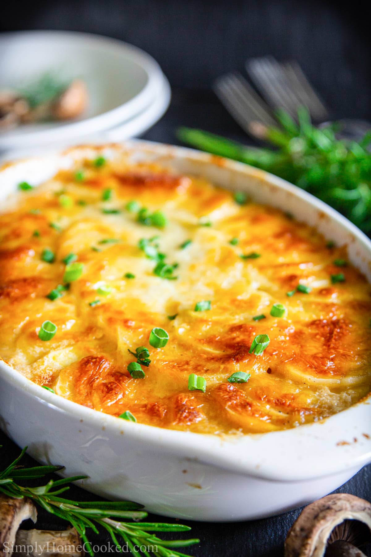 Vertical image of Scalloped Potatoes in a baking dish