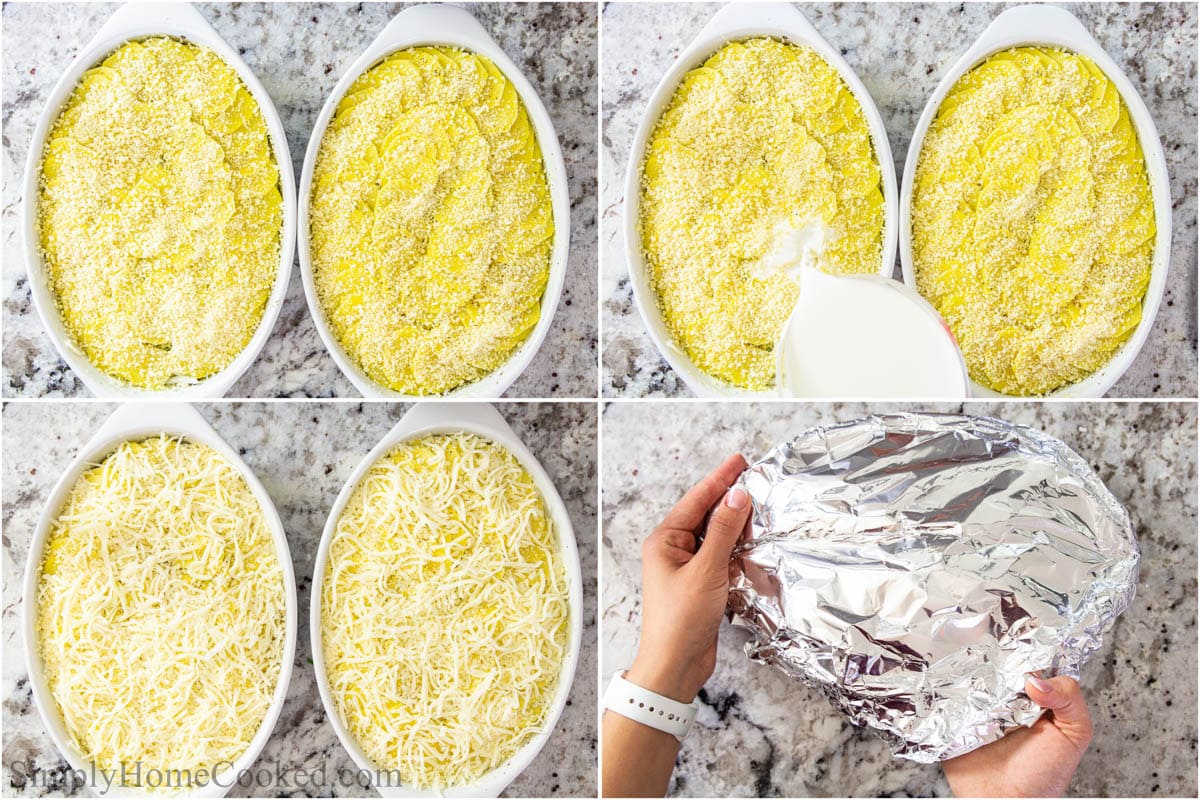 Steps to make Scalloped Potatoes including topping it with cheese and Half & Half, then baking.