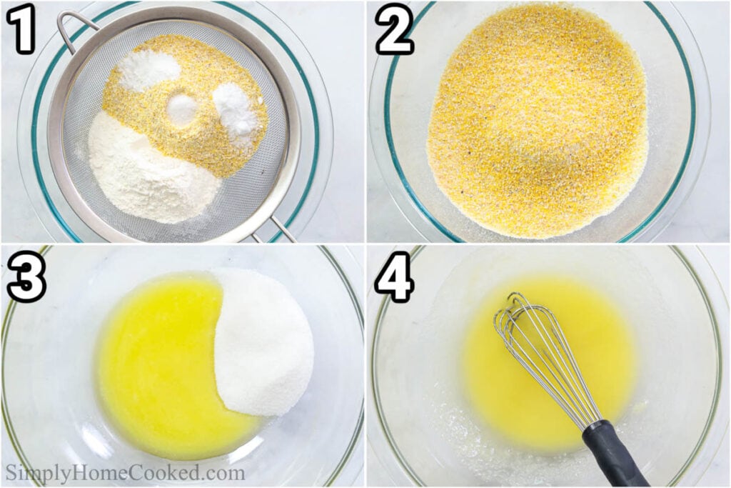 Steps to make Cornbread Muffins, including sifting the dry ingredients and whisking the sugar, honey, and melted butter.