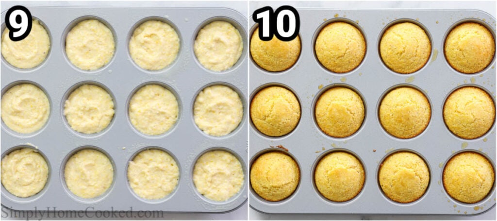 Steps to make Cornbread Muffins, including filling the muffin tins with batter and baking.