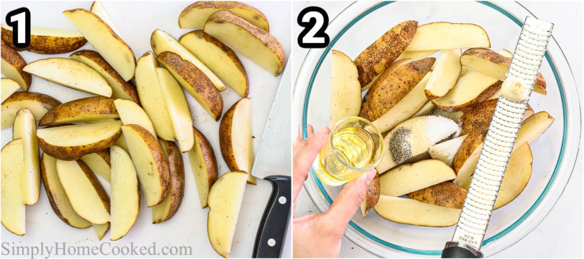 Steps to make Air Fryer Potato Wedges, including seasoning and adding oil to the potatoes.