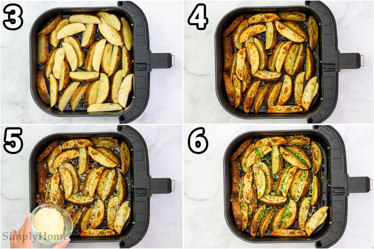 Steps to make Air Fryer Potato Wedges, including adding the Parmesan cheese, baking the potato wedges, and topping with fresh parsley.