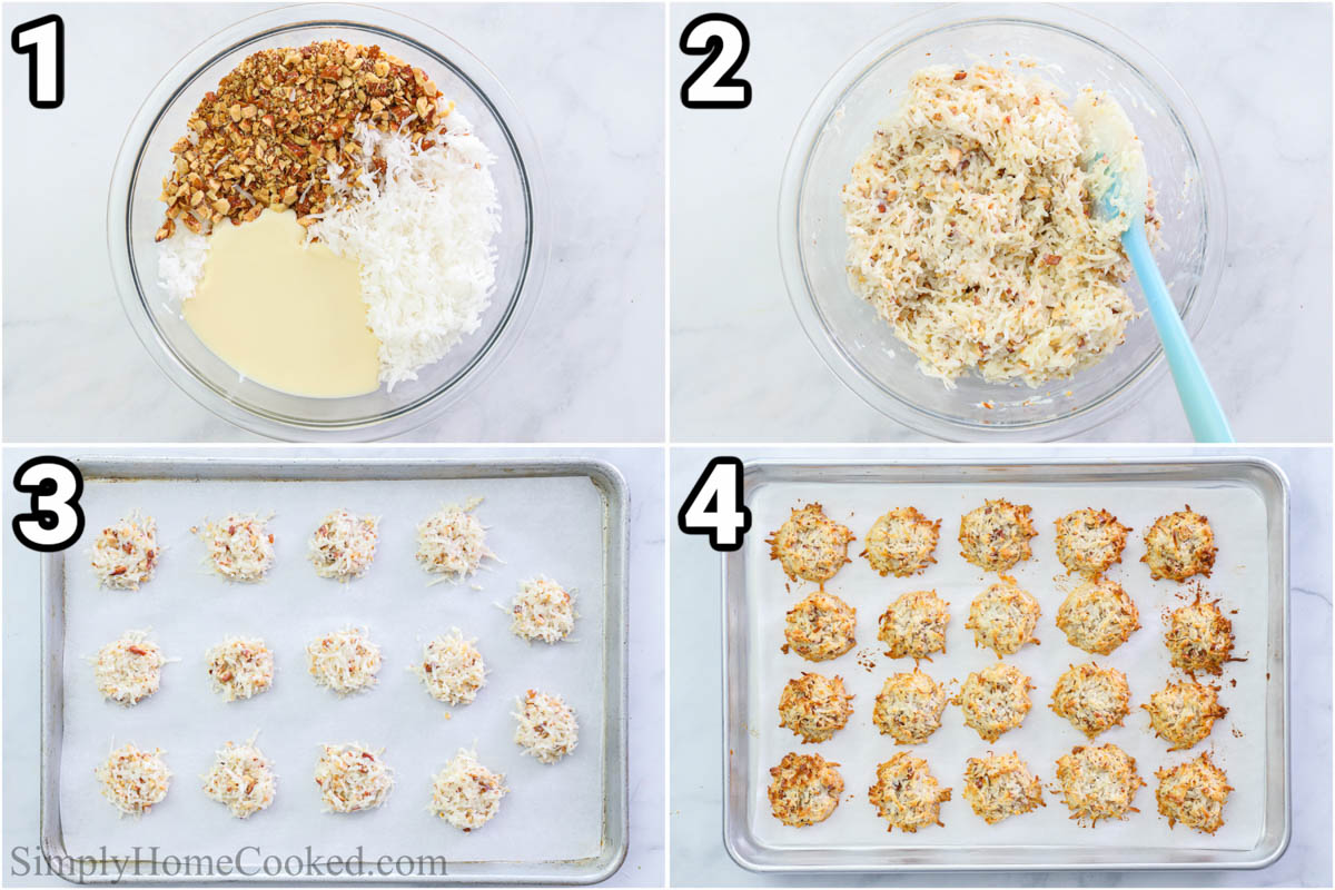Steps to make Almond Joy Cookies, including mixing the condensed milk, coconut, and chopped almonds, then scooping them out to bake.