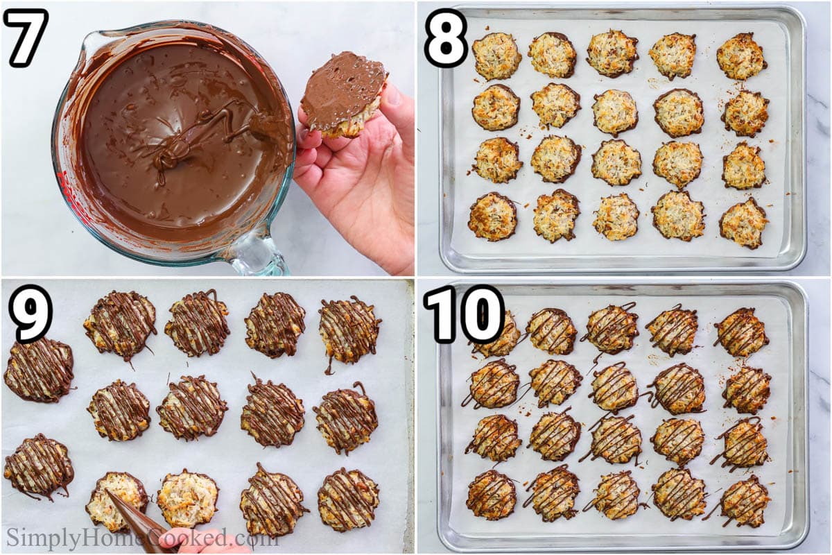 Steps to make Almond Joy Cookies, including dipping the cookies into the melted chocolate, letting them set, and then drizzling them with chocolate.