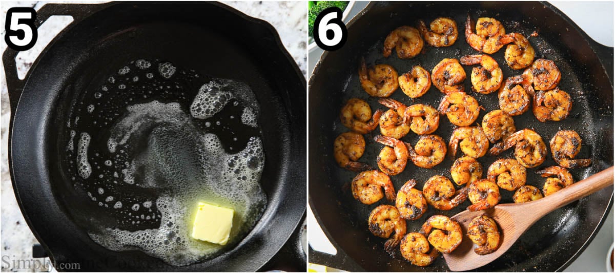 Steps to make Cajun Shrimp, including melting butter in the hot skillet and cooking the shrimp in it.
