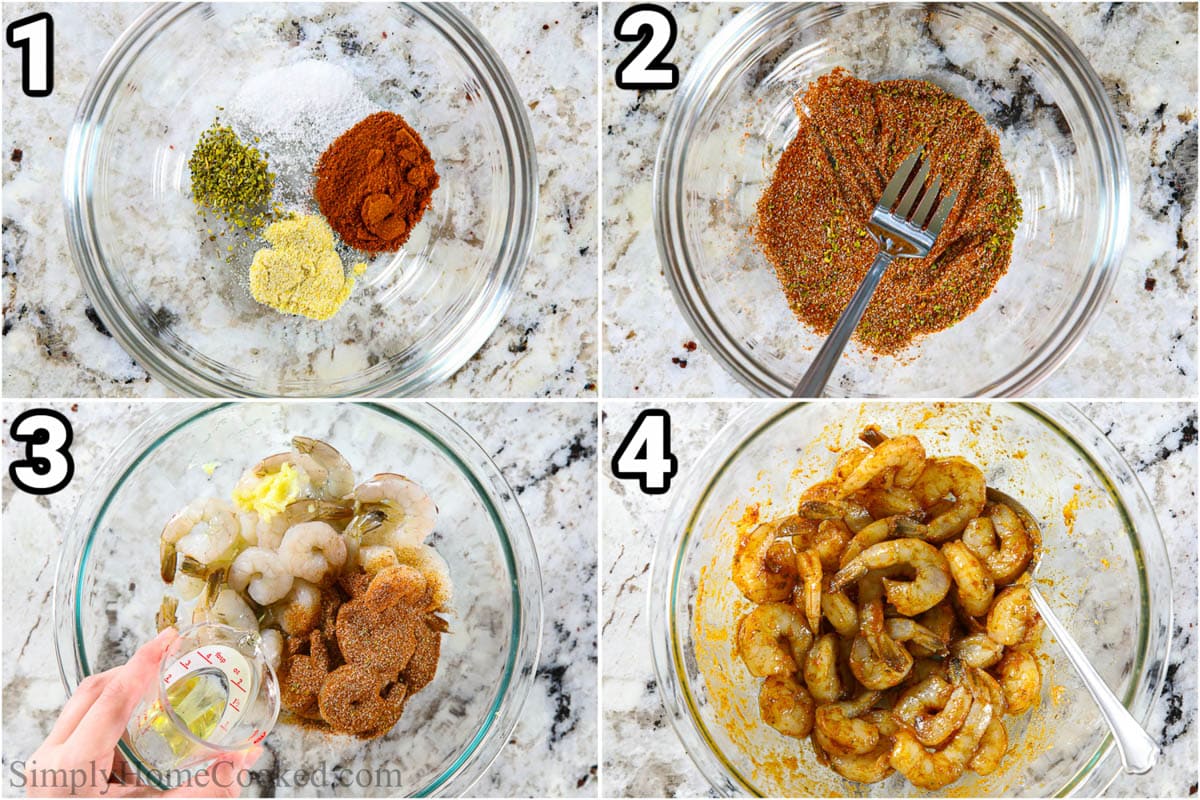 Steps to make Cajun Shrimp, including mixing the seasonings with a fork, then tossing them with oil and the shrimp.