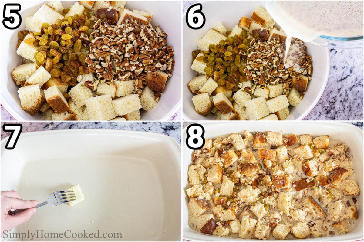 Steps to make Bread Pudding, including  combining the bread, pecans, and raisins, then adding the liquids on top, and finally putting it in a baking dish to bake.