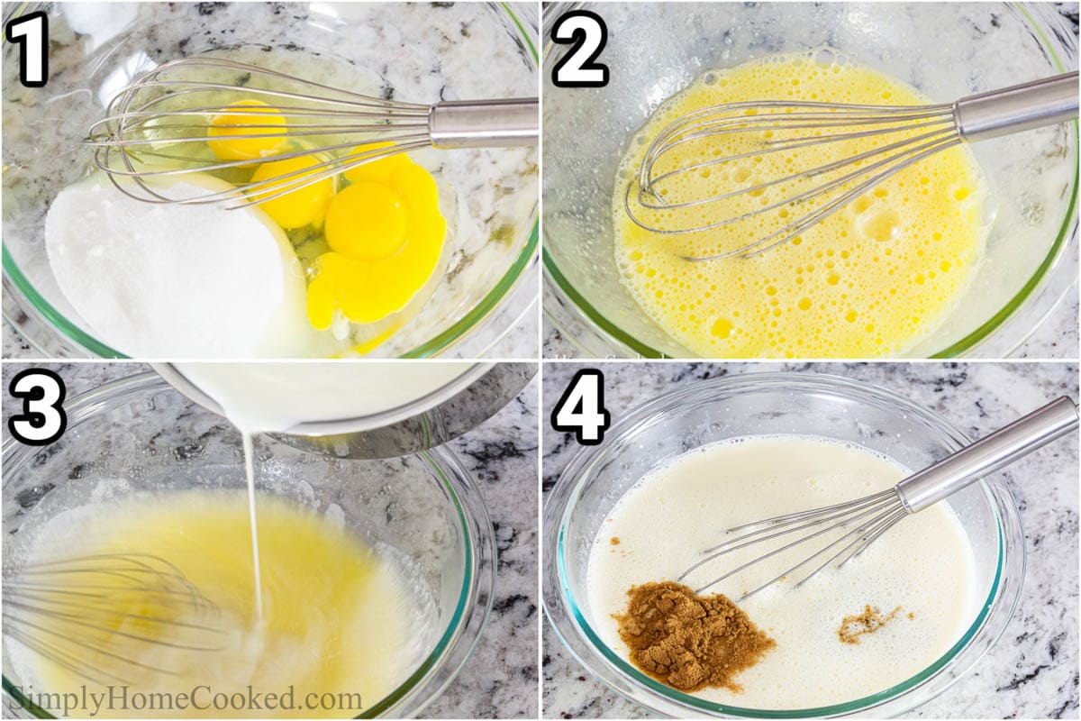 Steps to make Bread Pudding, including whisking the eggs and sugar, then adding the heavy cream, cinnamon and vanilla.