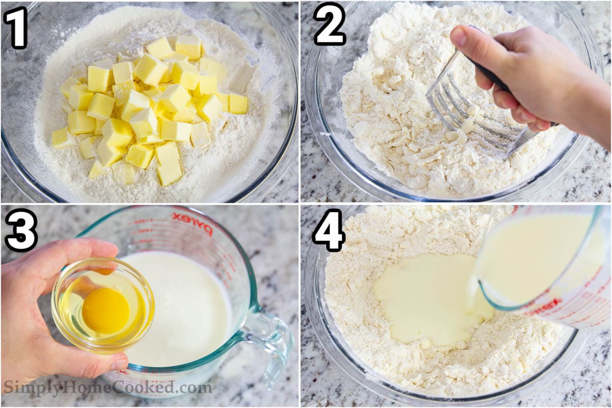 These Perfect Buttermilk Biscuits are going to be your favorite make-ahead meal. Prep the dough the night before and enjoy soft, fluffy, and flaky biscuits that are full of buttery flavor. #homemadebuttermilkbiscuitrecipe #homemadeperfectbiscuits #homemadebiscuitrecipe #homemadebuttermilkbiscuitrecipe Steps to make Buttermilk Biscuits, including combining the butter with the dry ingredients, then egg and buttermilk using a biscuit cutter.