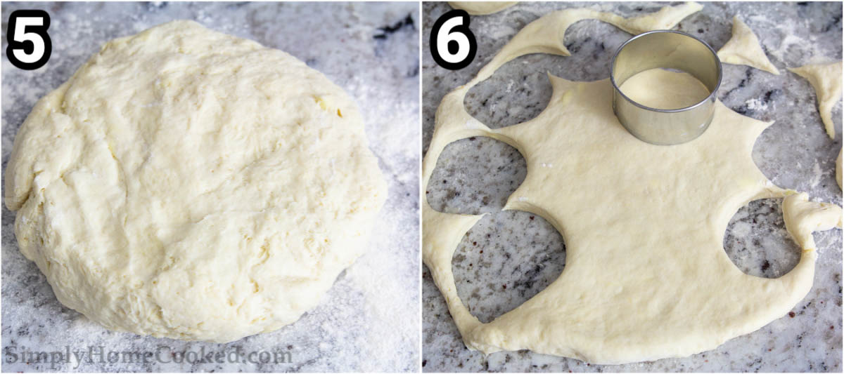 Steps to make Buttermilk Biscuits, including rolling out the dough and cutting out the biscuit shapes.