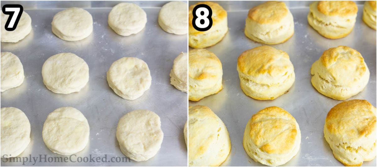 Steps to make Buttermilk Biscuits, including baking them to a golden brown.