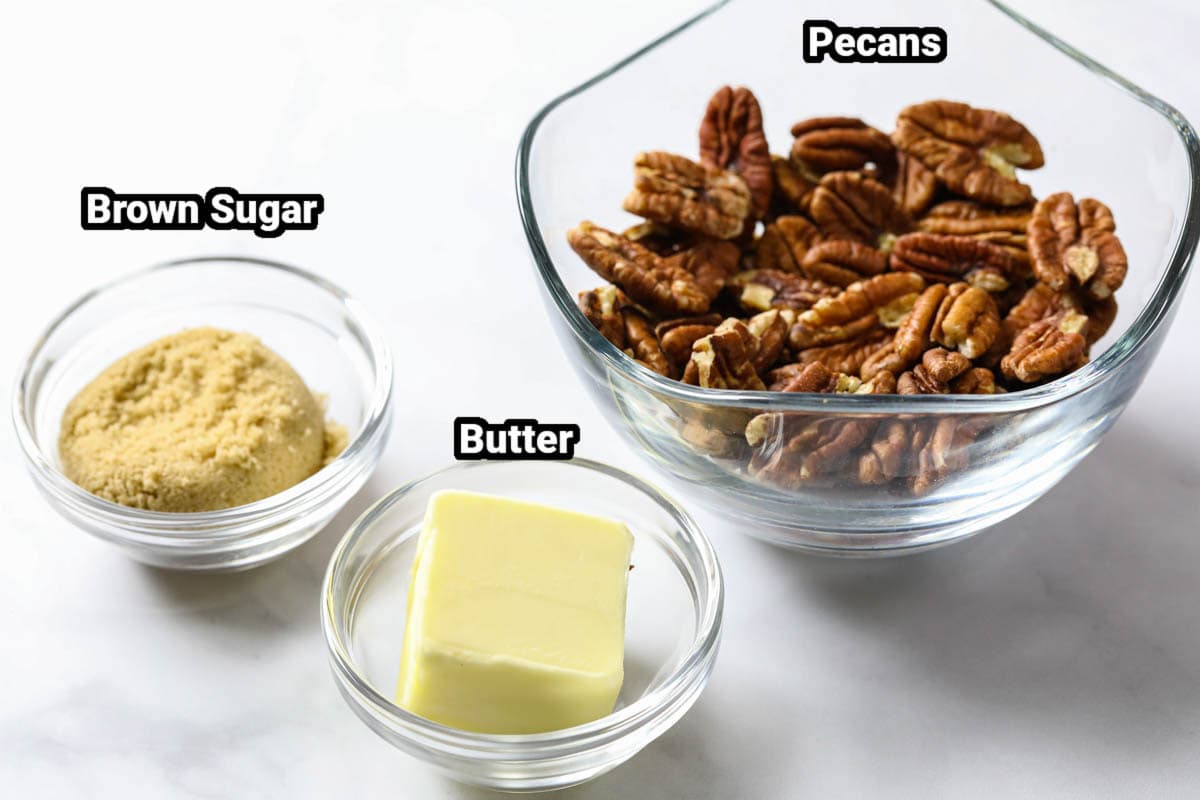 Ingredients for Candied Pecans, including pecans, brown sugar, and butter.