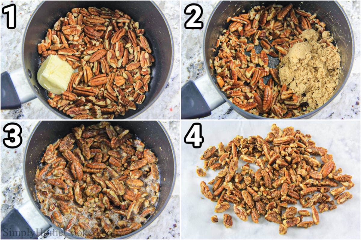 Steps to make Candied Pecans, including melting the butter, then dissolving the brown sugar until it caramelizes on the pecans, and then letting them cool.