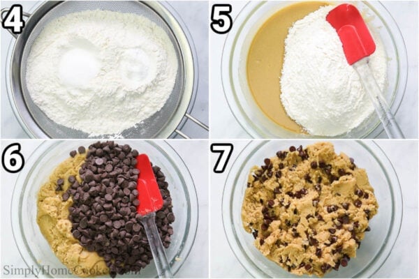 Steps for making Chocolate Chip Cookie Bars, including sifting in the dry ingredients and then mixing in the chocolate chips with a spatula.