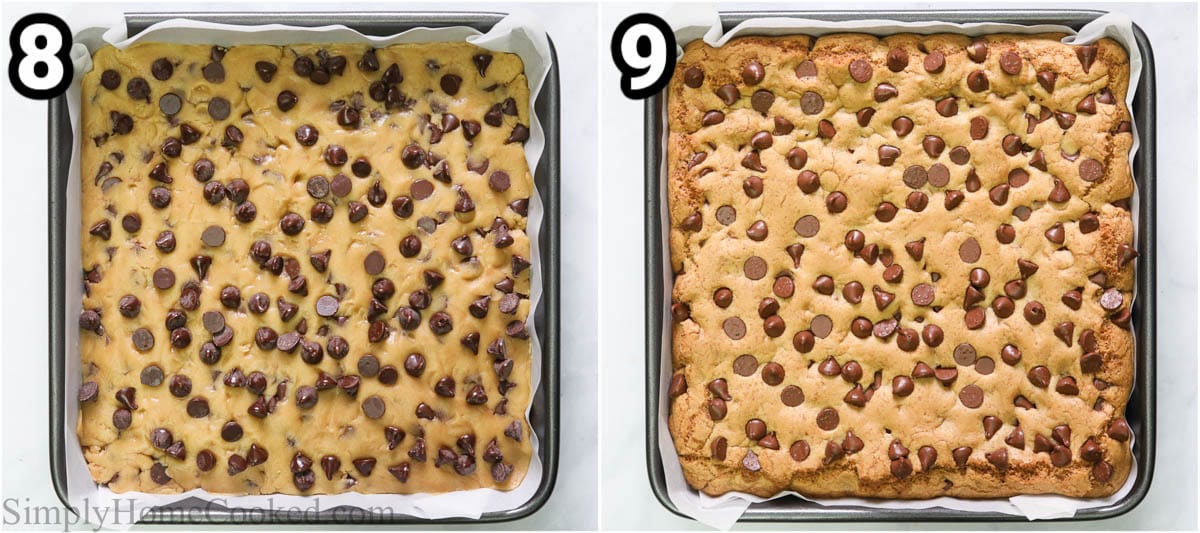 Steps for making Chocolate Chip Cookie Bars, including pouring the cookie dough into a pan with parchment paper and baking.