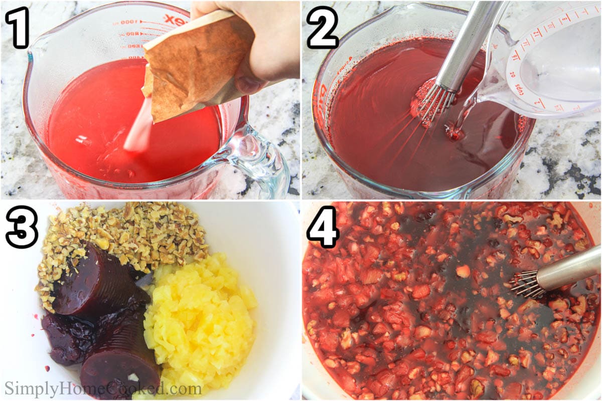 Steps to make Cranberry Jello Salad, including dissolving the jello, adding the other ingredients, and whisking.