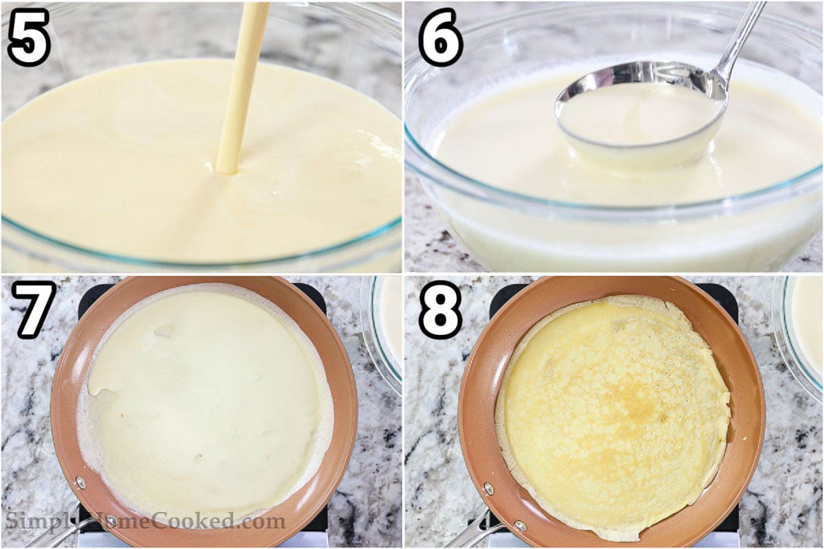 Steps for making crepes, including pouring the batter into the pan, cooking and then turning it.