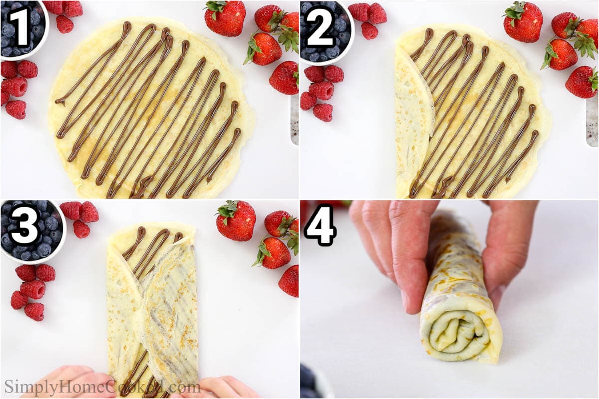 Stuff folding crepes using the tak & roll method, filled with chocolate ganache.