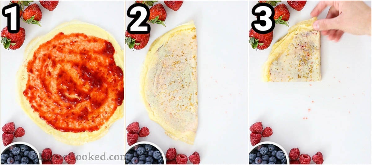 Stages fold crepes with suzette fold, filled with strawberry jam.