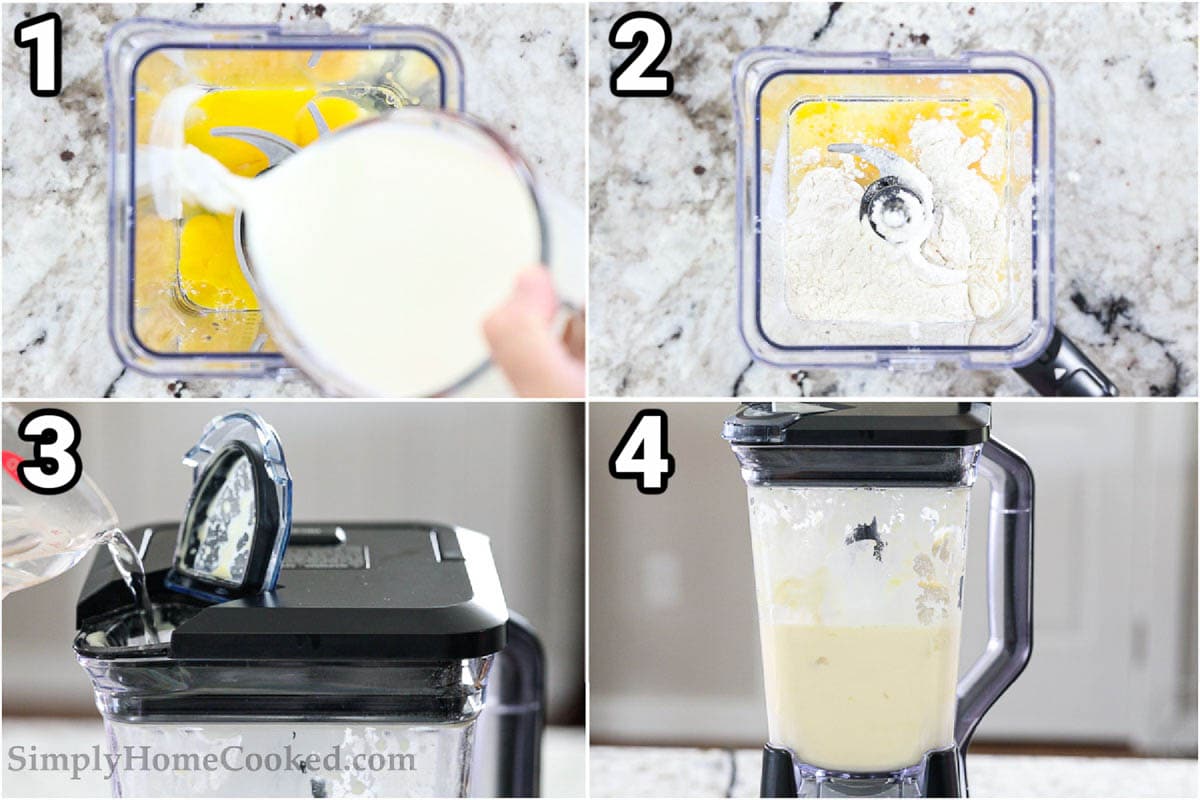 Steps for making crepes, including blending the ingredients, then adding the boiling water.