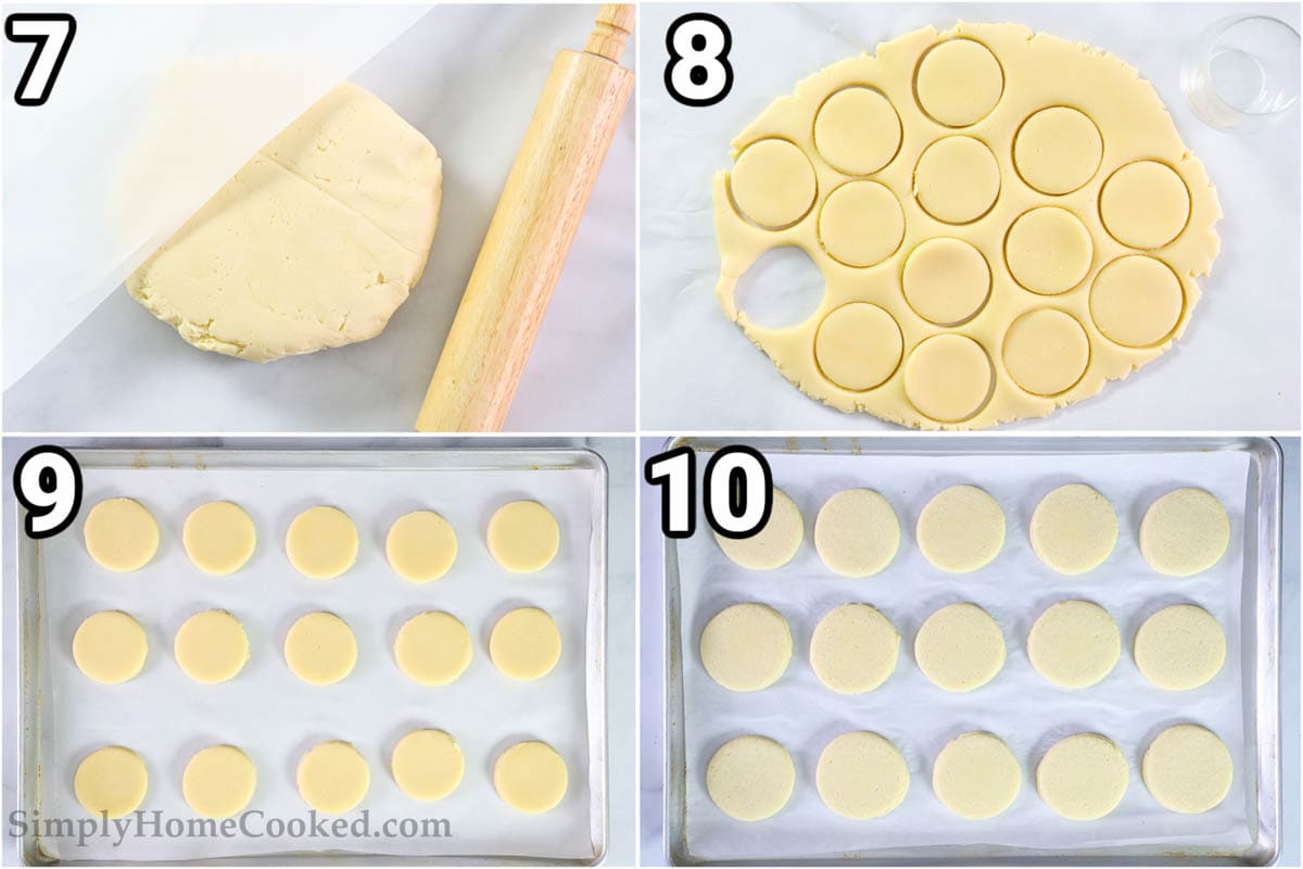 Steps for making Lofthouse Frosted Sugar Cookies, including rolling out the dough, cutting out the shapes, and then baking them.